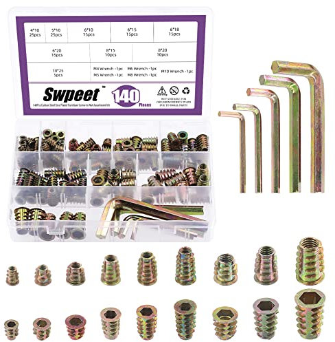 Swpeet 140 piezas M4 M5 M6 M8 M10 acero al carbono métrico color zinc muebles de madera tornillo en tuerca con brida hexagonal atornillado insertados roscados kit surtido de tuercas con 5 llaves