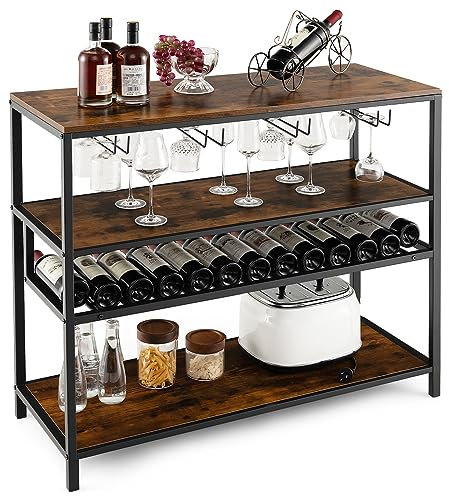 COSTWAY Étagère à vin 13 Bouteilles, Porte-Bouteille Industriel avec 4 Rangées Porte-Verres, Casier à Vin pour Cuisine, Bar, Cave, Salle à Manger, Marron Rustique