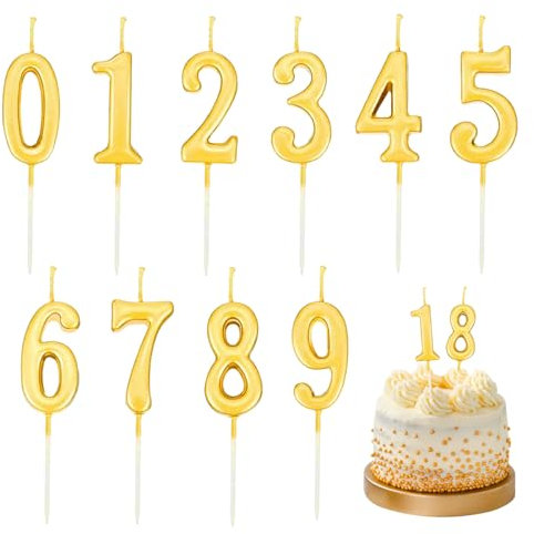 Candele di Compleanno Numeri,10 pezzi 0-9 Candelina Compleanno Numero,Candele di compleanno per torta, Festa Nozze Anniversario Celebrazione (Oro)
