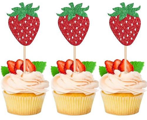 Xsstarmi 24 Packung Erdbeere Cupcake Toppers Glitzer Rote Erdbeere Cupcake Picks für Strawberry Obst Erdbeere Geburtstag Party Kuchendekoration