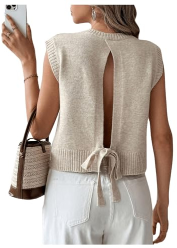 Verdusa Women's Backless Tie Knot Knit Sweater Vest Sleeveless Summer Sweater Vest Khaki X-Small
