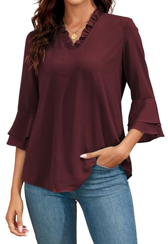 Famulily Blusas para mujer, manga 3/4, cuello en V con volantes, de gasa de doble capa, camisas de trabajo, Vino, M