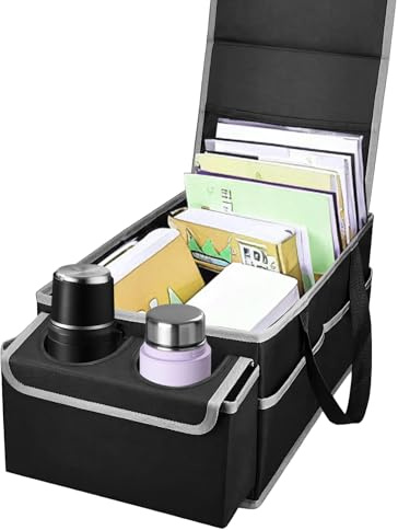 YOFAPA Car Trunk Organizer, Foldable Multi-Compartment Storage Bag with Lid, Long-Lasting Polyester, Universal Fit for Car Seat Back & Trunk, Portable Auto Interior Accessory, Black