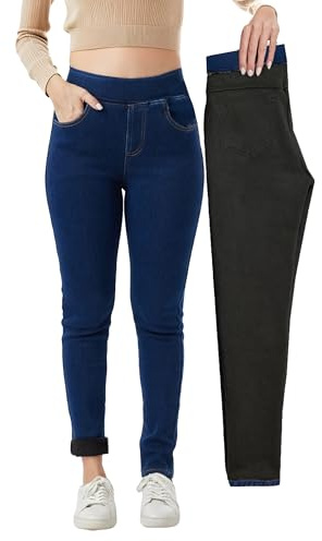 Fakanhui Jean d'hiver doublé en polaire pour femme - Taille haute - Thermique - Chaud - Flanelle Sherpa, bleu, Small court