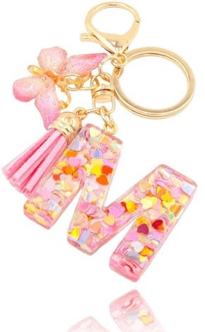 porte clé kawaii, porte cle femme papillon mignon, porte clef femme voiture rose à paillettes, résine alphabétique, porte-clés pour filles pour sac à dos, porte cle écolier (Rose-M)