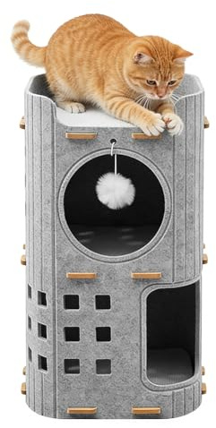 Niche pour chat à 2 étages en feutre, maison d'intérieur avec balle de jeu, 60 x 37 x 37 cm, lit poreux pliable pour dormir, jouer, se cacher, résistant à l'hiver, amovible, nid confortable (gris