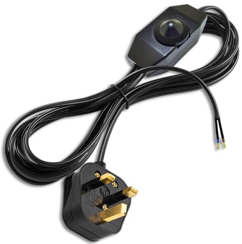 Plug In Dimmer Switch, Lamp Cord with Rotary Dimmer Switch and UK Plug, 1.8 Meters 2 Core In Line Switch for Lamps, 250V 6A Switch Extension Lead, Standard Replacement Lamp Cable, Black 1.8M