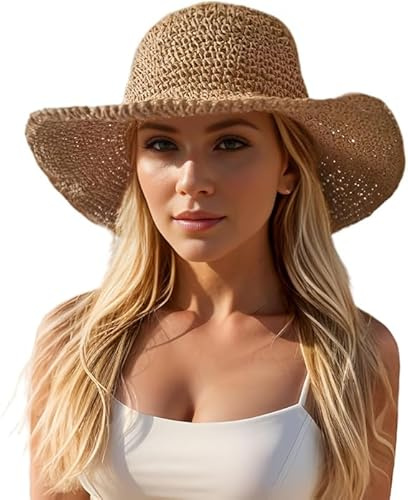 Sombrero de Paja de ala Ancha, Sombrero de Paja para Mujer, Sombrero de Sol Plegable, Sombrero de Verano Ajustable, Ligero y Transpirable, Sombrero de Playa para Playa, Vacaciones, Viajes (Caqui)