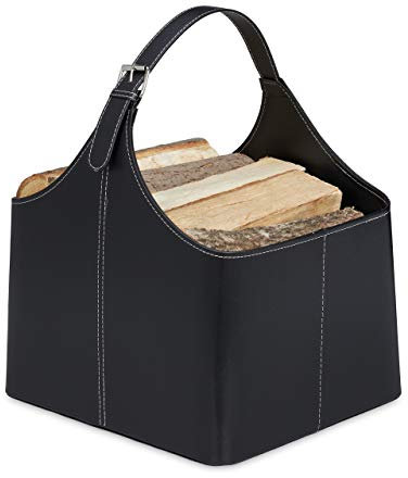 Relaxdays Holzkorb für Kaminholz, Kaminholzkorb aus Kunstleder, zum Tragen & Aufbewahren, Kaminkorb mit Henkel, schwarz