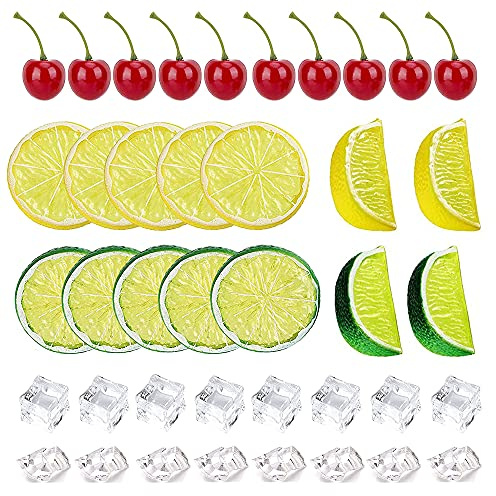 Yuronam 40 Pcs Fake Crushed Ice and Square Ice Rocks,10 Pcs Artificial Fruit Lemon Slices, 4 Pcs Simulation Lemon Blocks and 10 Pcs Lifelike Cherries for Home Kitchen Decoration Photography Prop