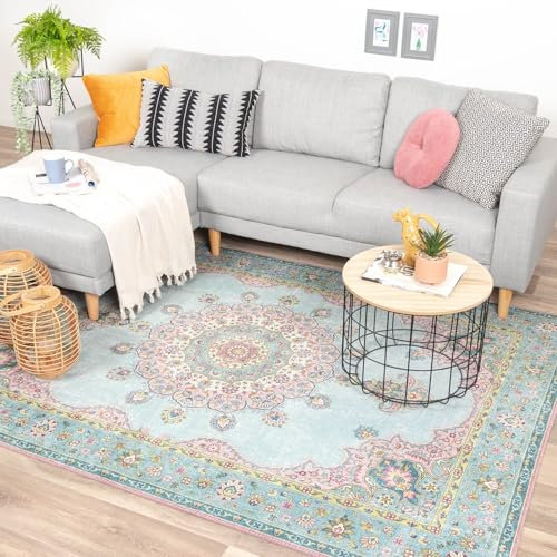 FRAAI | Home & Living Teppich Vintage - Lily Medaillon Hellblau Türkis - Baumwolle, Polyester - Flachgewebe - Vintage - Wohnzimmer, Esszimmer, Schlafzimmer - Carpet