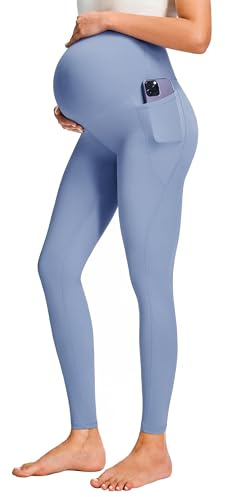 JOYSPELS Leggings de Maternidad sobre el Vientre con Bolsillos no Transparentes para Entrenamiento y Embarazo, Azul Claro, M