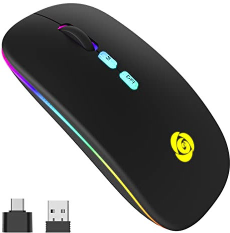 CC Store Mouse Wireless, Wireless Ricevitore USB a 2.4G Tipo C, mouse Bluetooth Ricaricabile, 7 Colori, Sottile 3 DPI 800/1200/1600, Mouse Silenzioso Compatibile con iPad/PC/Mac/Windows