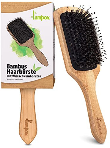 lampox - Bambus Haarbürste mit Wildschweinborsten Kopfmassage Haarpflege, Entwirrbürste für lange Haare & Locken von Damen, Herren & Kinder, Massagebürste für die Kopfhaut, Detangler (rechteckig)