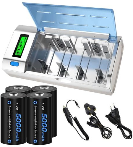 CITYORK Cargador de Batería Universal con Pantalla LCD con Función de Descarga para Baterías AA, AAA, C, D, 9V NI-MH NI-CD con 4 Celdas NI-MH C Tamaño 5000mAh