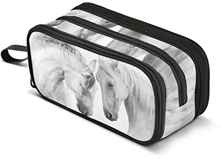 CHIFIGNO Trousse à crayons haute capacité pour couple de chevaux blancs pour filles, garçons, enfants, fournitures scolaires, pochette à fermeture éclair, organisateur de bureau, trousse de maquillage