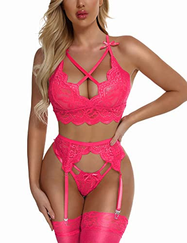 EVELIFE Damen Sexy Dessous Set mit Strumpfgürtel Spitze BH und Höschen Set Hohe Taille Strapsen Dessous Ohne Strümpfe (Rosa,L)