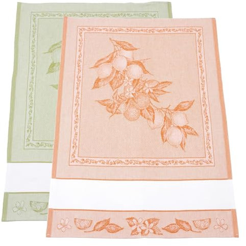 Filet - Set mit 2 Geschirrtüchern aus Jacquard mit Einsatz aus Leinwand Aida 55 Löcher zum Sticken, ideal zum Trocknen von Geschirr, hergestellt in Italien, Zitronen-Design, Farbe Orange und Grün