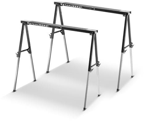 Caballete STAHLWERK SB-910 ST en un juego de 2 caballetes de metal con recubrimiento de polvo, altura ajustable de 645-910 mm, capacidad de carga de 150 kg y superficie antideslizante