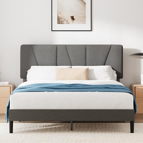 Zinus Maya Somier 135x190 cm - Altura 30 cm - Base Cama Matrimonio Tapizada con Cabecero - Láminas de Madera - Montaje Fácil- Gris Oscuro