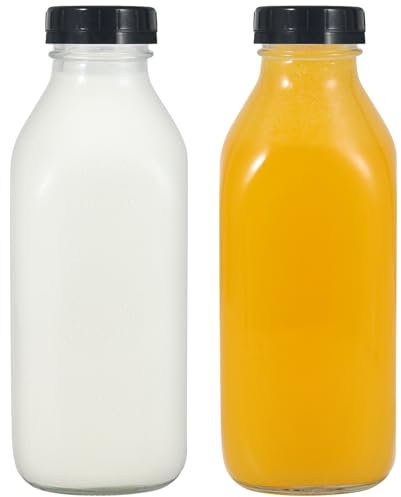 LIMILI Botellas de leche de vidrio reutilizables, paquete de 2 unidades de 1 litro con tapas, lácteos, jugos y botellas de bebida para desayuno casero, pícnics, bodas (negro)