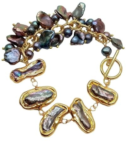 NWPNLXEA modetillbehör naturlig svart topp borrade keshi pärlor Biwa söt vattenpärlor armband i vintage stil med guldfyllning, 20,3 cm