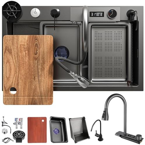 DSMRLEOP Black Waterfall Kitchen Sink, 70 x 50 cm, 1 Basin, Kitchen Sink, Stainless Steel, Rectangular, Siphon, Overflow and Drain Set, Multifunctional Modern Sink Waterfall Sink with Accessory Set