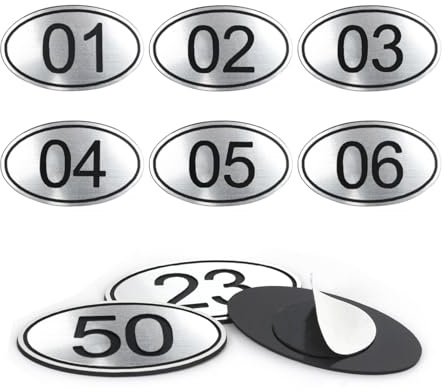 NanTun Set di 50 targhette per armadietti con numeri ovali in ABS, incisi, argentate, con nastro biadesivo, da 1 a 50