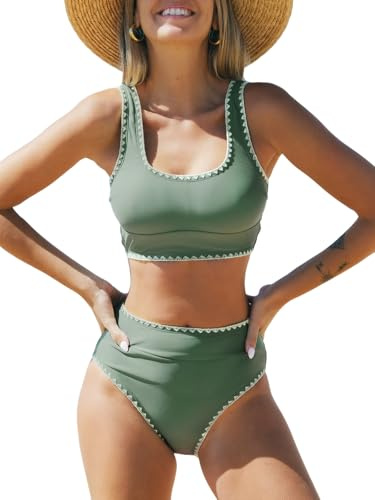 CUPSHE Women Bikini Sets Scoop Neck Two Piece Swimsuit Bathing Midkini, L