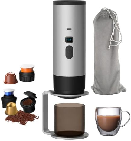 scosao Macchina da Caffè Portatile da Viaggio, Caffettiere Espresso Elettrica 12V, Caffettiera Capsule Auto-riscaldamento, Compatibile con capsule NS e Caffè Macinato per Ufficio Auto Casa