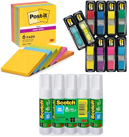 Post-it Super Sticky Notes 6 Pads + Post-it Index Flags 10 Pads + Scotch Glue Stick 5 Pack – Colourful Home, School and Office Stationery Set for Notes, Marking, Highlighting and Craft Projects