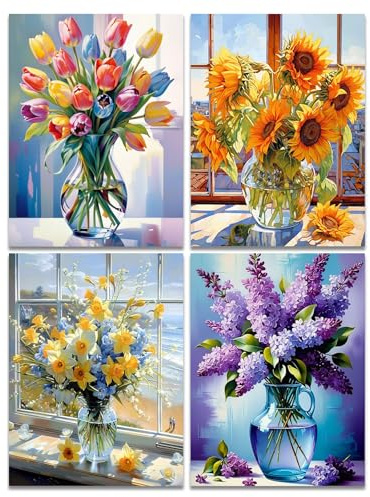 Muzagroo Art Blumen-Diamant-Malerei-Set für Erwachsene, Sonnenblumen-Diamant-Kunst-Sets für Anfänger, Handarbeit, Vollbohrer, 5D-Diamant-Punkte, DIY, Edelsteinkunst, 30,5 x 40,6 cm, 4 Stück