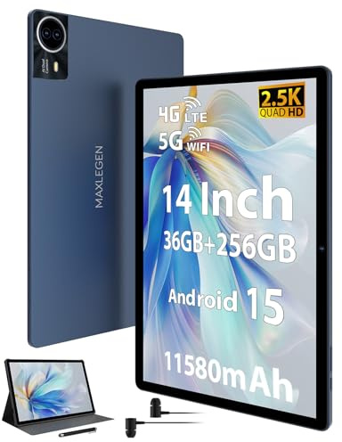 MAXLEGEN Tablet 14 Zoll, 2.5K Touch Display, 36GB RAM+256GB ROM 1TB TF SIM Tablet, 4G LTE+5G WiFi, Android 15, Octa-Core, 4 Lautsprecher, 13MP, 11580mAh, GMS, GPS, inkl. Pen/Hülle/Kopfhörer