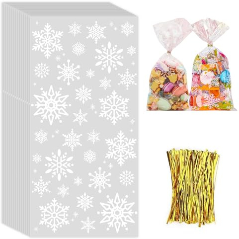 Evadollina Sacchetti per Dolci, 150 Pezzi Piccoli Sacchetti per Dolci, con 200 Chiusure, Sacchetti con Fiocchi di Neve, per Biscotti, Dolci, Natale