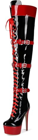 Frankie Hsu Botas largas de tacón alto con plataforma de aguja sexy por encima de la rodilla, cinturón de cinta de charol negro y rojo, ajustable, muslo, talla grande US5-19, zapatos para mujeres y