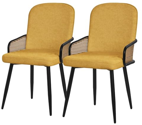 ML-Design Lot de 2 Chaises de Salle à Manger en Tissu Moutarde, Accoudoirs en Rotin et Pieds en Métal Noir, Assise Rembourrée Confortable, Fauteuils Ergonomiques de Cuisine ou Salon, Style Scandinave