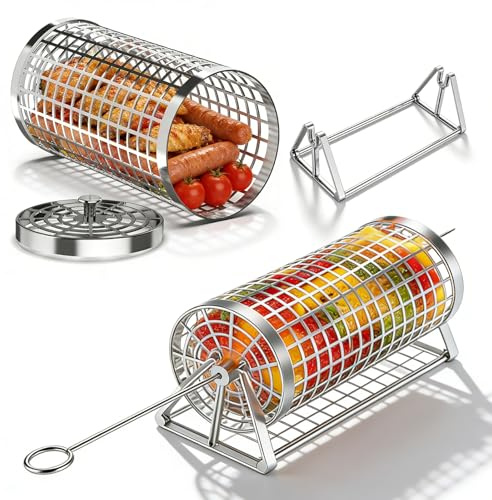 PRITOK 220×103 mm Grillkorg i rostfritt stål: Silver Grilltillbehör för utomhusbruk, Mångsidig Grönsaker Kött, Avtagbar trähandtag för Picknick Camping BBQ Fest