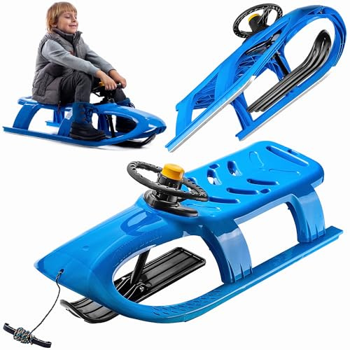 KADAX Plastsläde med ratt och horn, 102 x 41 x 34 cm barnsläde av plast, styrsläde med dragrep och handtag, styrbob, släde för barn (blå)