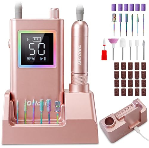 Delanie Professionell elektrisk nagelslipmaskin 5 0 000 RPM med laddningsstation, tjock akryl nagelfil, 10 timmars batteritid, Pausfunktion, inkl. 12 bits