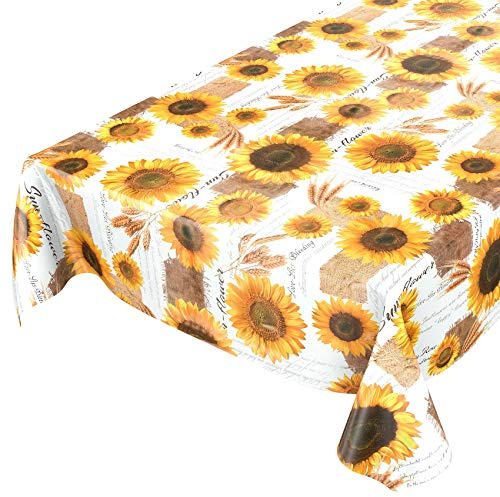 ANRO Bordsduk, vaxduk, vaxbordsduk, solrosor, sommar, vete, 120 x 140 cm, skärkant