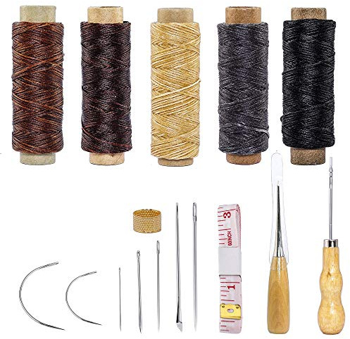 ISIYINER Herramienta de Artesanía de Cuero Agujas de Coser a Mano de Tapicería de Cuero de Lona Accesorios de Costura de Bricolaje con 5 Rollo 50m 150D Hilo de Coser de Cuero Encerado 16 unids