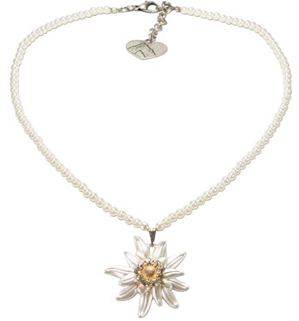 Alpenflüstern Perlen-Trachtenkette Greta mit Strass-Edelweiß groß - Damen-Trachtenschmuck Dirndlkette creme-weiß DHK270