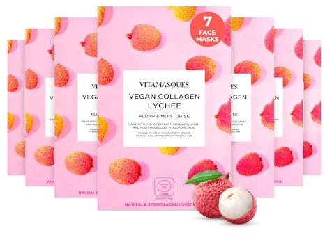 Vitamasques Korean Collagen Face Mask – Hydrating & Moisturizing Korean Sheet Mask with Lychee & Hyaluronic Acid – Vegan Facial Skincare for Firming, Plumping & Skin Care – 7 Pack