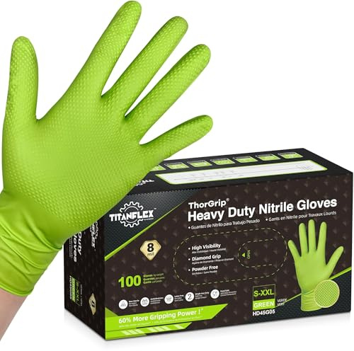 TitanFlex Heavy Duty Green Industrial Nitrile Gloves, 8-mil, Medium, Box of 100, Latex Free, Raised Diamond Texture Grip, Powder Free, Food Safe, Rubber Gloves, Mechanic Gloves