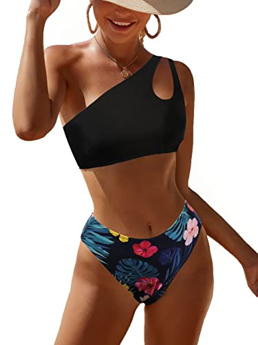 JFAN Traje de Baño Mujer Conjunto de Bikini Un Hombro Trajes de Baño Ahuecados Bañador Atractivo de Dos Piezas，Negro + Estampado Floral M