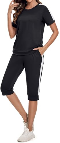 Aottori Tuta Sportiva Donna Due Pezzi Estivo Casual | Completa, T-Shirt Manica Corta e Pantaloni 3/4, Casual, Pigiama Set, per Jogging Training Casa Fitness