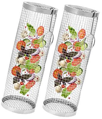 2 Stück Rolling Grillkorb, Zylindrischer Grillkorb Edelstahl, Rollender Grillkorb BBQ Zubehör Grillkorb Zylinder, Grillkorb Grill Rack für Backofen Außengrill Gemüse (30 cm x 2 Stück)