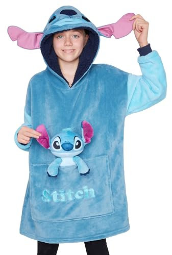 Disney Stitch Hoodie-Decke Kinder, Kapuzenpullover Mädchen mit Sherpa-Kapuze, 3D-Ohren, Kängurutasche - Mädchen Geschenke (Blau Stitch)