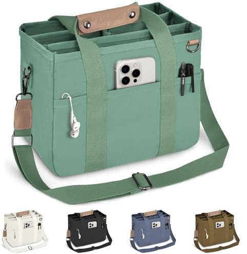 HOMESPON Canvas Handtasche Damen Tote Bag Shopper Mittelgroß Aesthetic Schultertasche mit Vielen Fächern Satchel für Arbeit Büro Alltag Schule Beach (Grün)