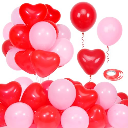 60 st rosa och röda hjärtformade ballonger, röda ballonger för alla hjärtans dag, set med band, för bröllop, alla hjärtans dag-dekorationer, äktenskapsförslag rekvisita